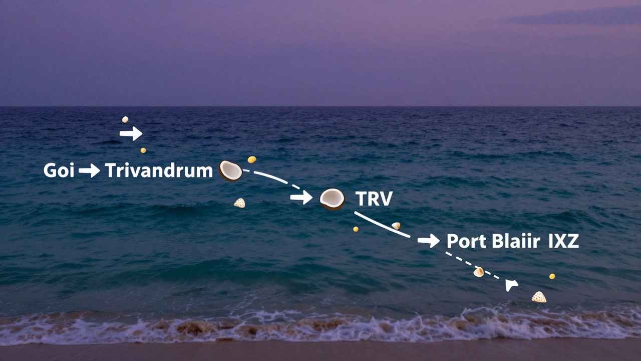 Multi-city flight path over India’s coast connecting beach destinations with symbolic seashells and waves.