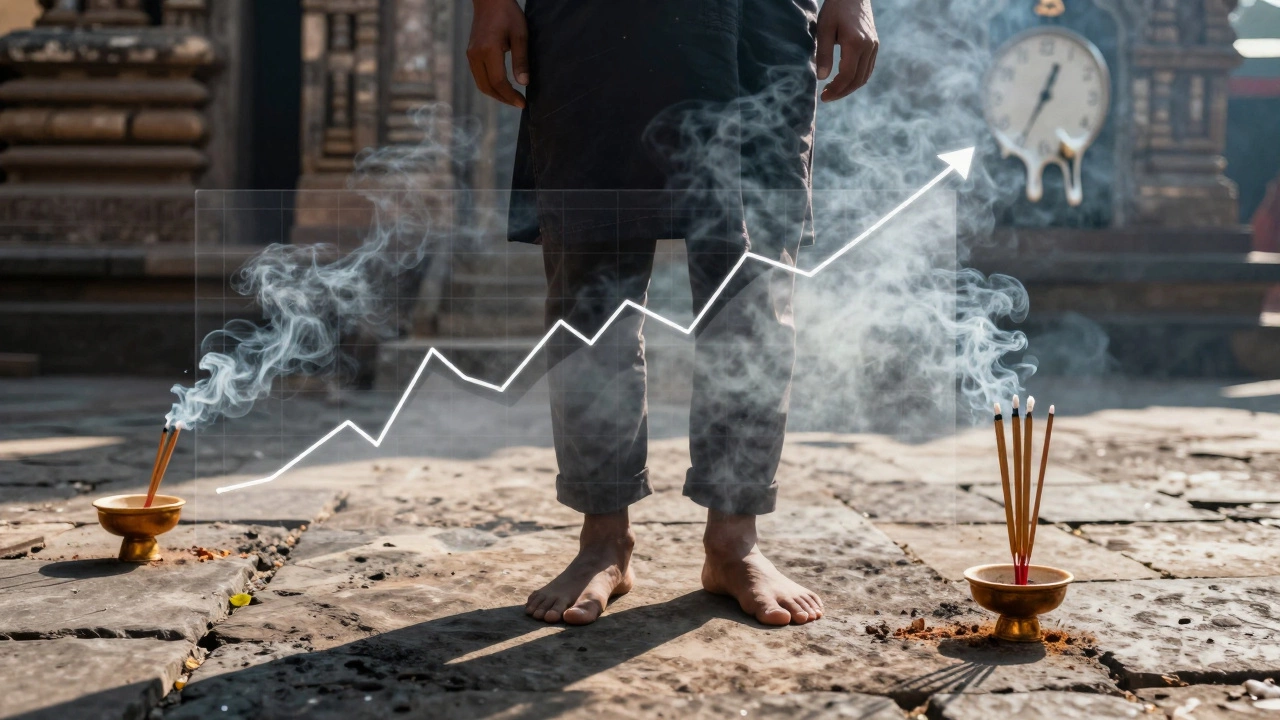 Person standing barefoot on hot temple stone, surrounded by smoke particles, with a rising cortisol graph and melting clock overlay symbolizing stress and time dissonance.