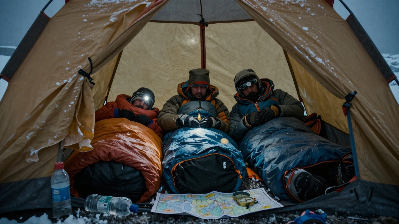 Three exhausted climbers in a snow-battered tent at 22,000 feet, lit by a dim headlamp.