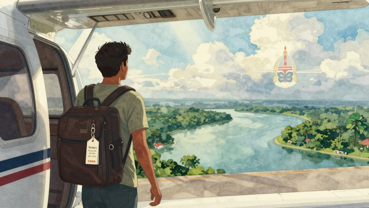 Traveler boarding plane from Kochi Airport with coastal backwaters visible below in watercolor style.