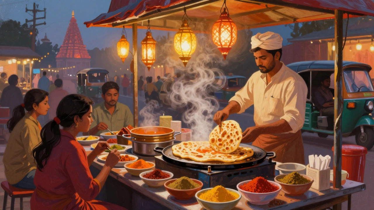 Vibrant street food stall with parathas being cooked, steam rising under warm lantern light.