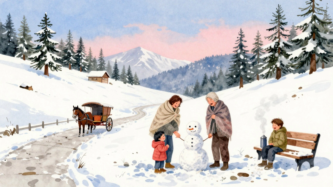 A family builds a snowman in a quiet North Indian hill station, surrounded by snow-dusted pines.