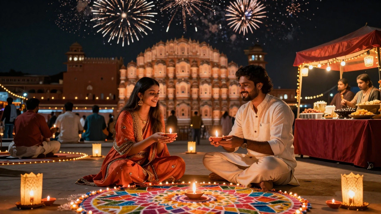 A foreign couple joins locals celebrating Diwali with diyas and lanterns, lit by warm candlelight against a historic palace backdrop.