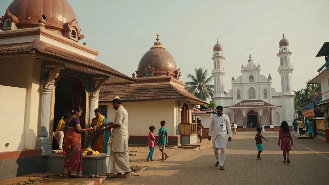 A Hindu temple, mosque, and church standing side by side in a quiet Kerala town, with locals of different faiths interacting harmoniously.