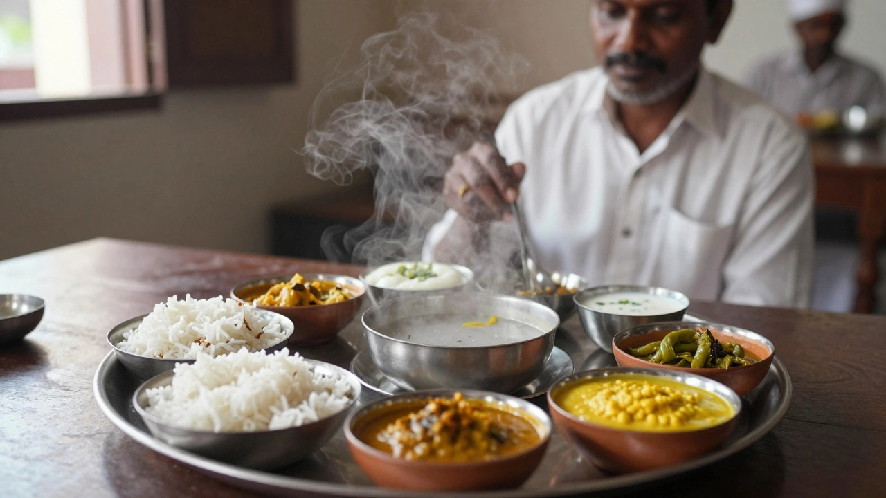 A traveler enjoys a traditional thali meal with five small dishes of South Indian cuisine, steam rising from fresh food.