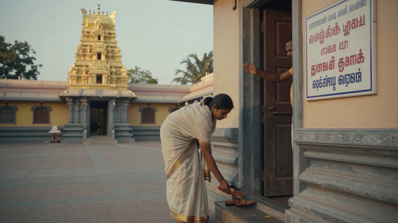 A woman in a scarf places her shoes outside a temple in Tamil Nadu, golden gopurams glowing in the late afternoon sun.