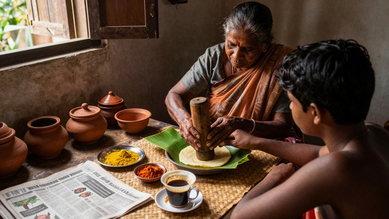 An elderly woman teaching a guest to prepare traditional Kerala food in a homestay kitchen, sunlight streaming through the window.