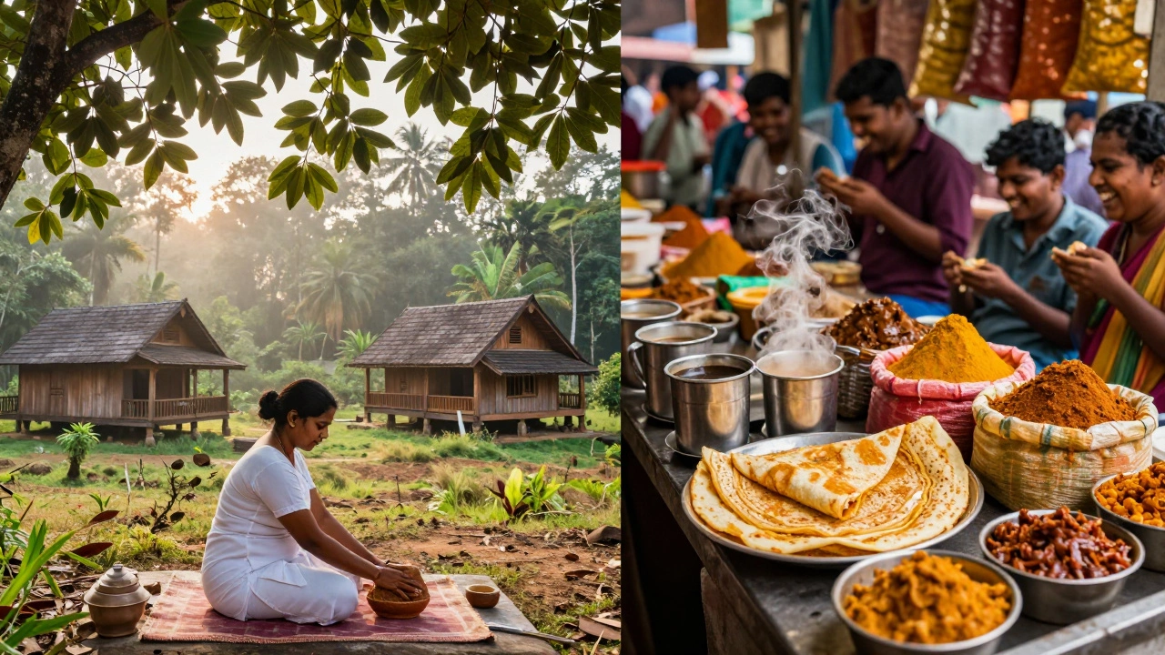 Contrasting Kerala's tranquil Ayurvedic retreat with Tamil Nadu's lively street food stall.