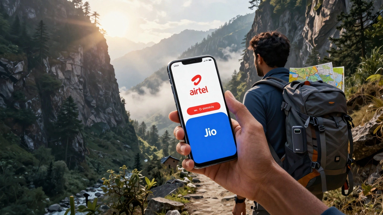 Hiker on a mountain trail in Manali using a dual-SIM phone with Airtel and Jio networks active.