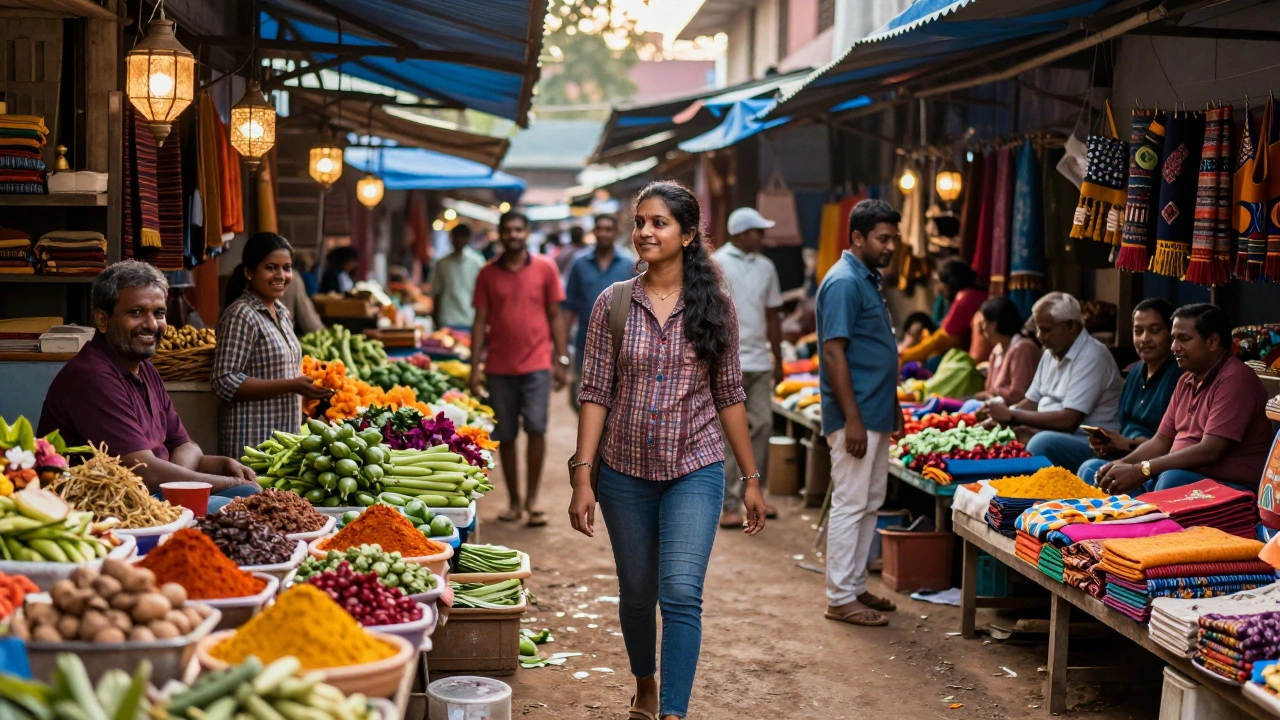 Solo woman traveler browsing market in South India