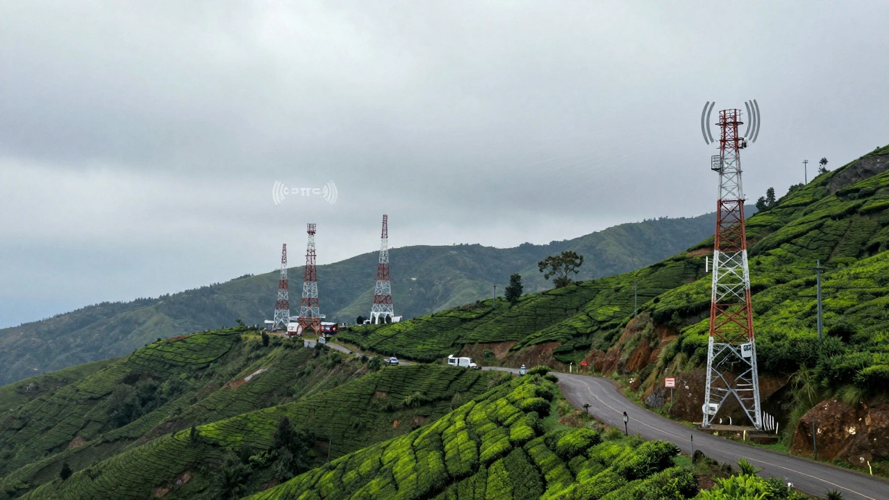 Split landscape showing Airtel towers on ridges and Vi towers along hill roads with signal coverage.