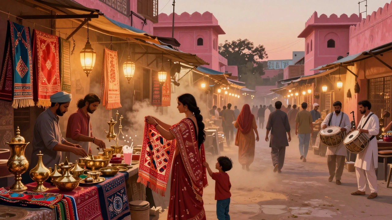 Vibrant Jaipur bazaar at dusk, families shopping for textiles and brassware under warm lantern lights.