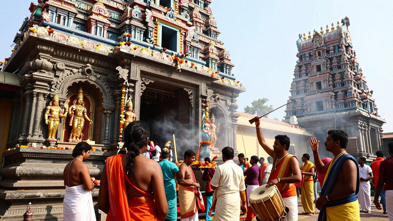 Vibrant temple towers covered in carvings and crowded with devotees in Tamil Nadu's Meenakshi Amman Temple.