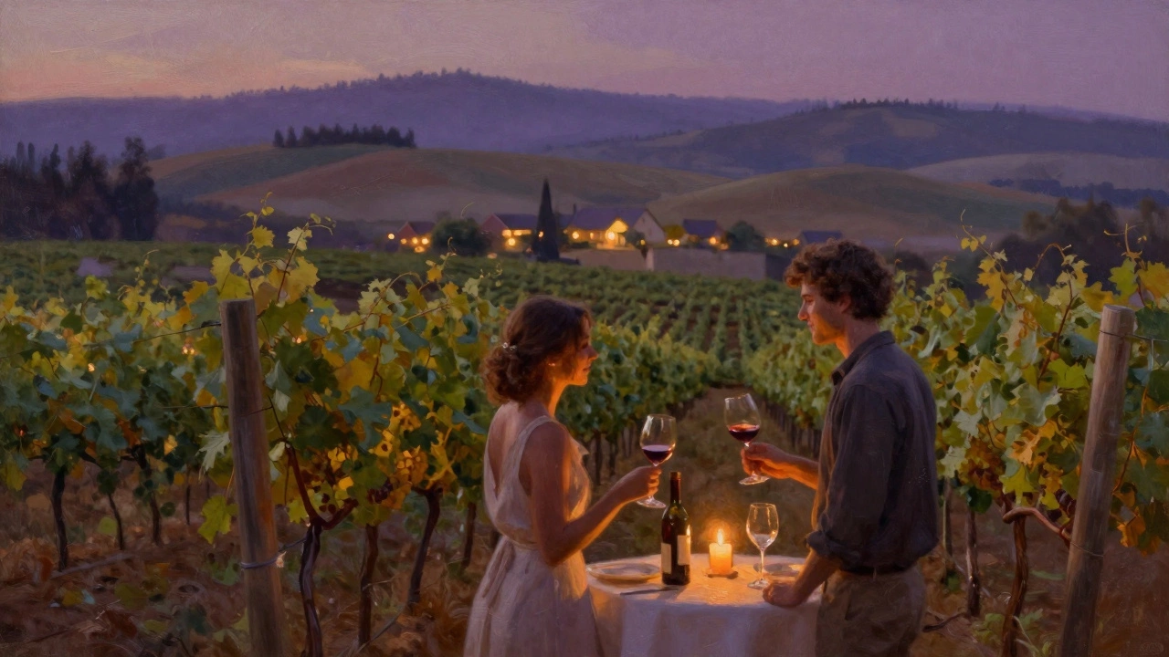 Wine glasses clinking against backdrop of rolling green vineyards.