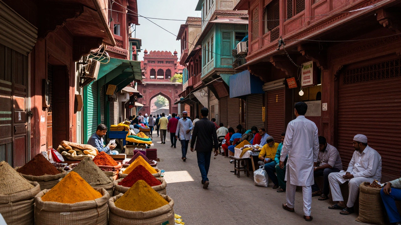 A crowded, vibrant street scene in Old Delhi with spice markets and the Red Fort in the distance.