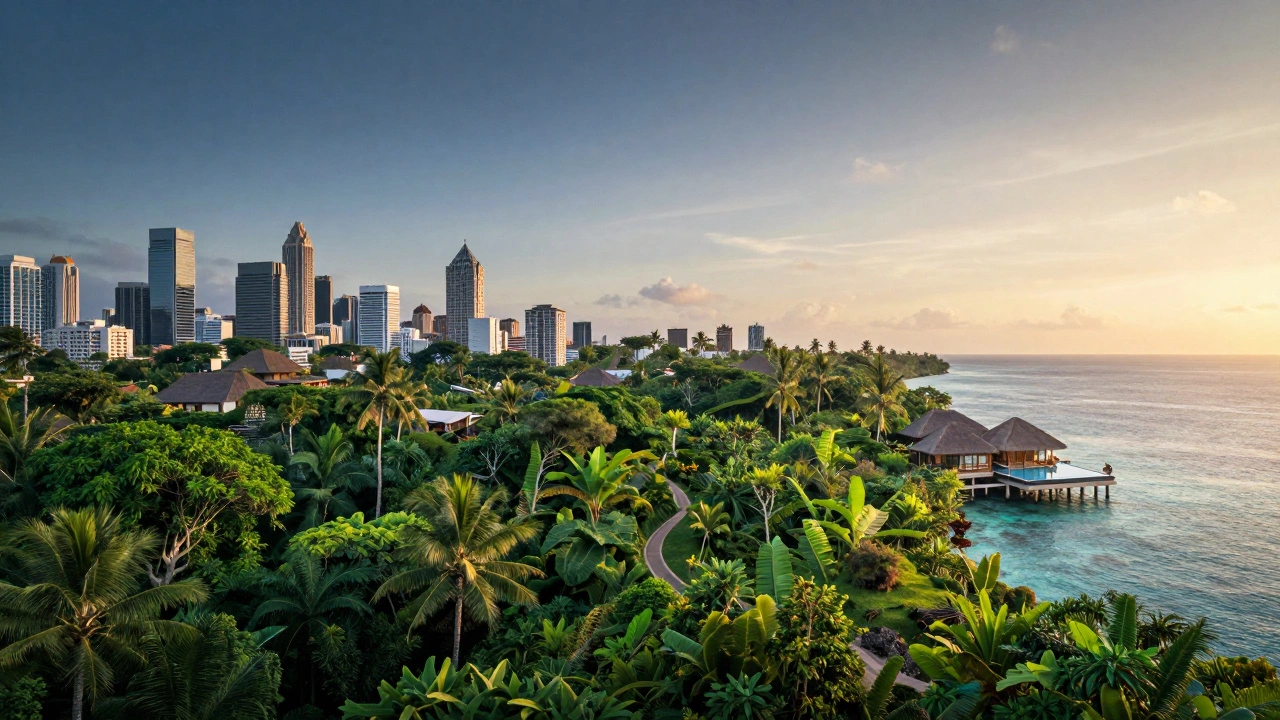 A panoramic landscape transitioning from a city to a jungle and a Bali villa