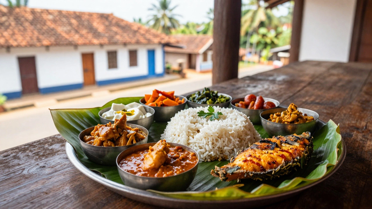 A traditional Goan fish thali served on a banana leaf at a local village eatery