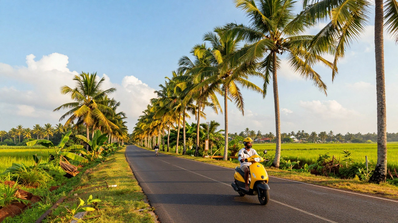 A traveler on a scooter riding through a scenic, palm-lined road in Goa under a clear sky