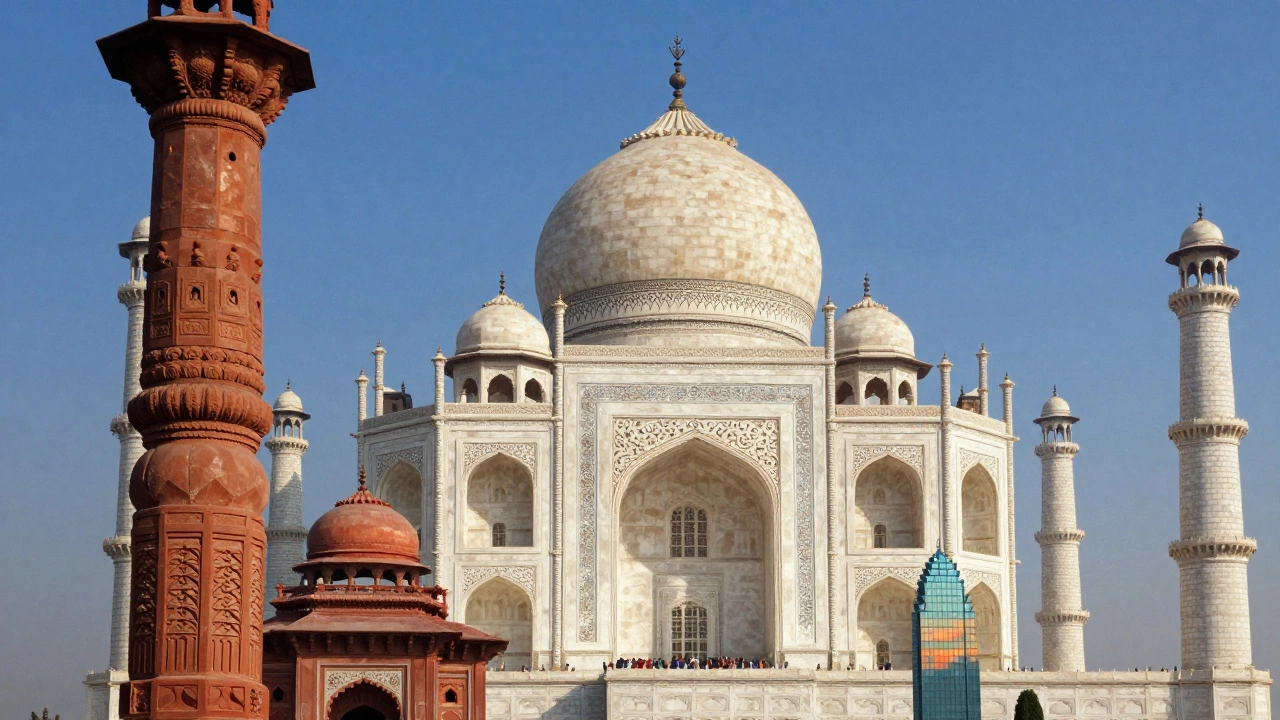 Artistic blend of the Taj Mahal with ancient temple carvings and modern architecture.