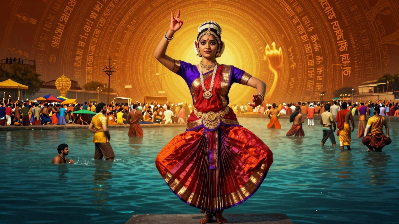 Bharatanatyam dancer merged with spiritual symbols and river pilgrims