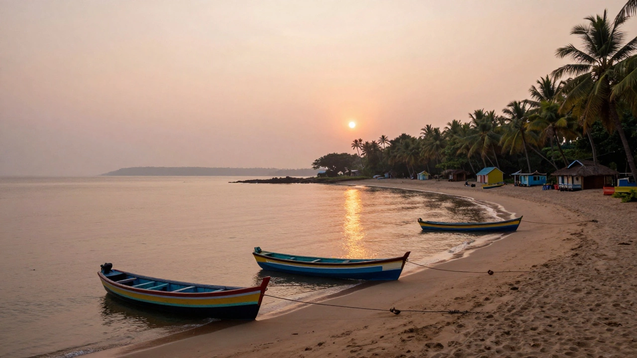 Crescent-shaped Palolem Beach in South Goa with colorful fishing boats at sunrise.