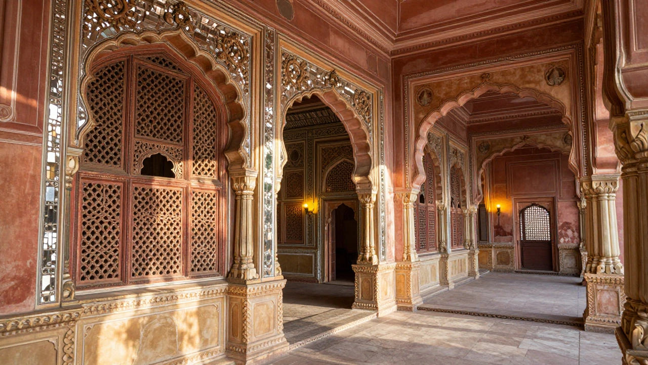 Intricate mirror work and carvings inside the royal Amber Fort in Jaipur.