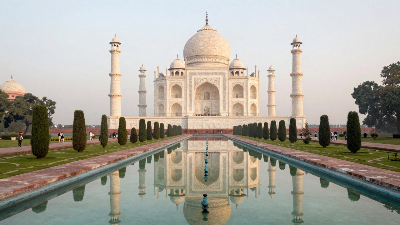 Symmetrical view of the Taj Mahal and its reflecting pool and gardens
