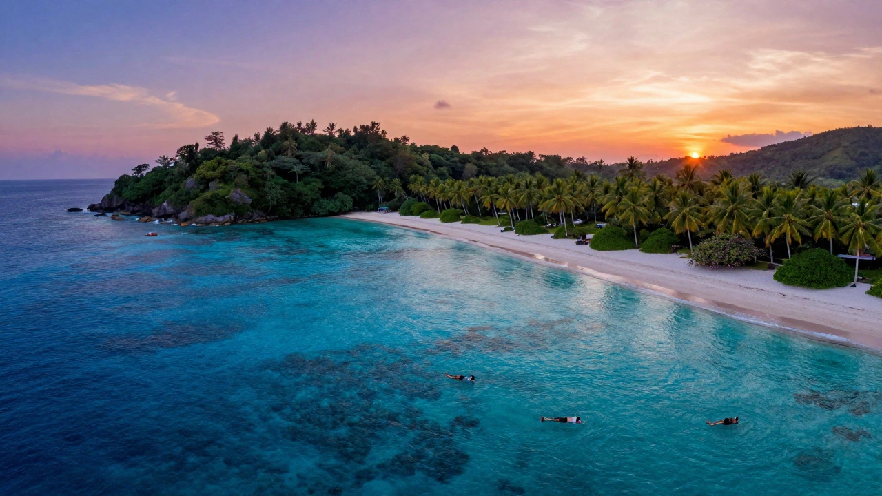 Aerial view of pristine Andaman beach with turquoise water and snorkelers
