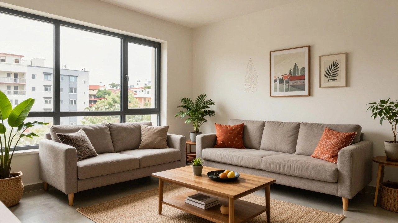 Bright, modern apartment interior with plants and comfortable furniture