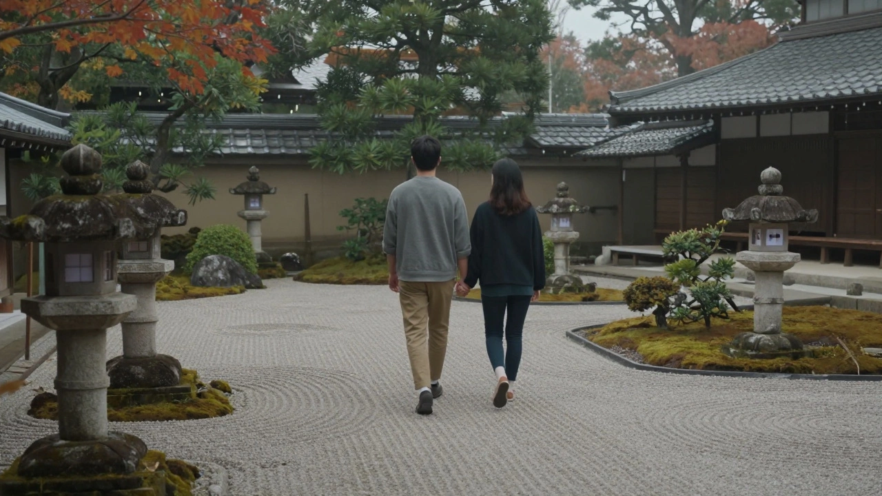 Couple walking peacefully through a traditional Japanese Zen garden