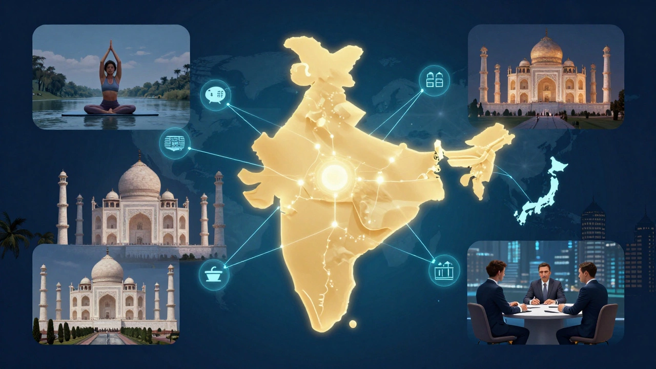 Digital map of India connected to global tourist sources with travel vignettes