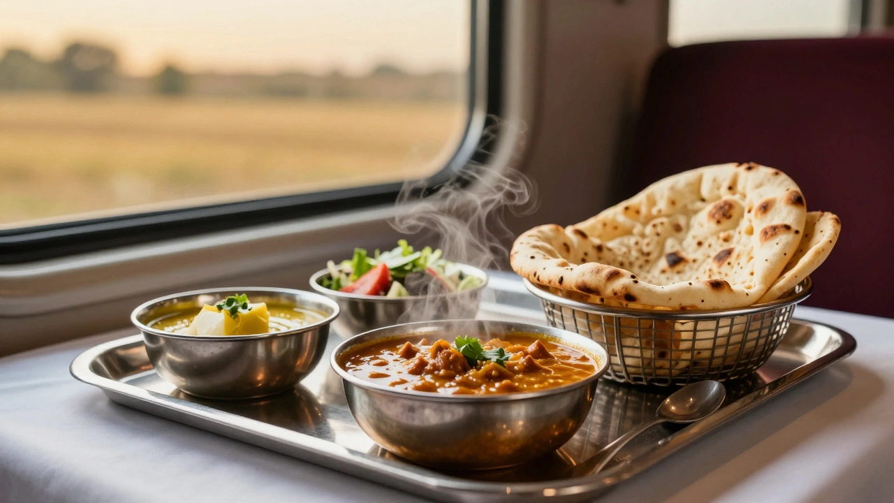 Gourmet Indian meal served on a luxury train dining tray