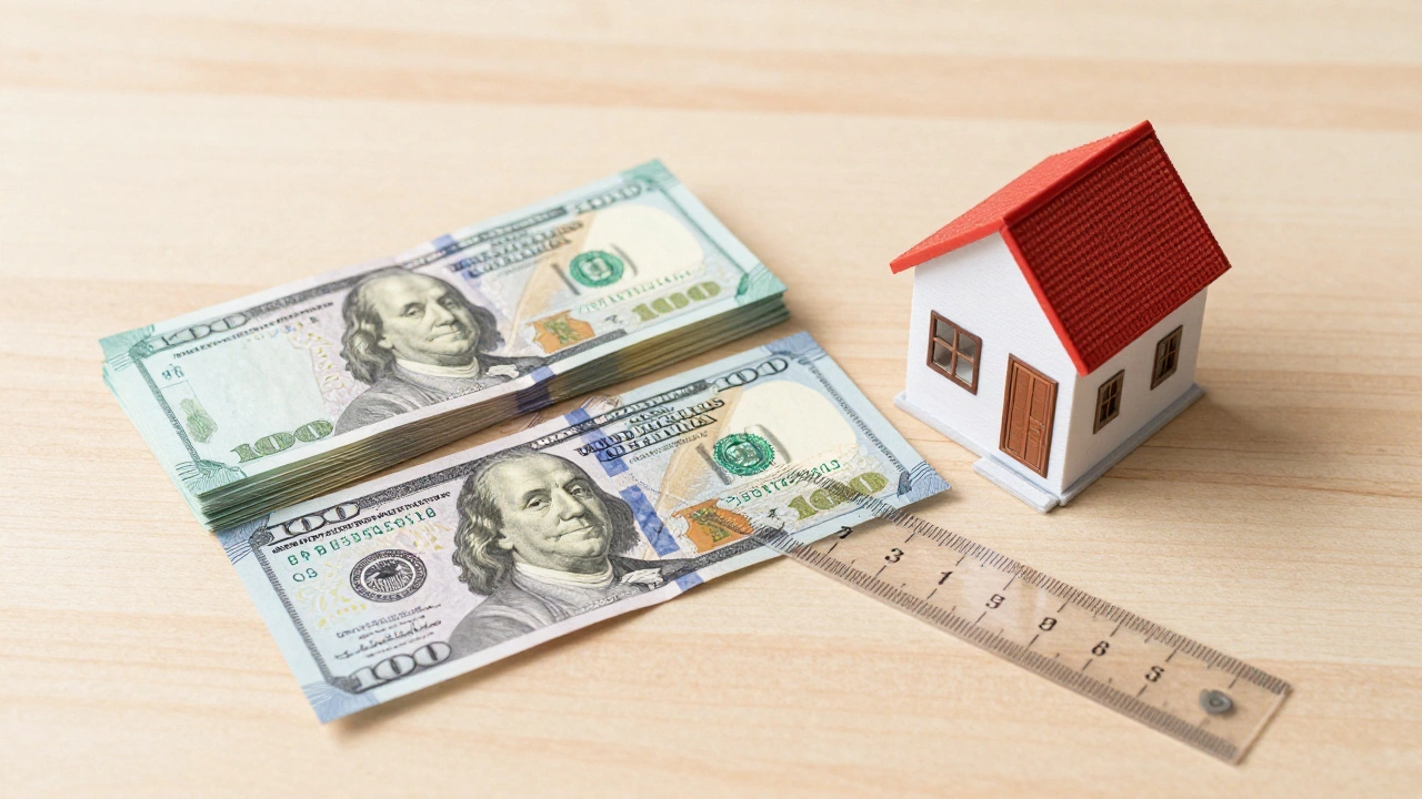 Indian Rupees and US Dollars on a desk with a ruler and model house
