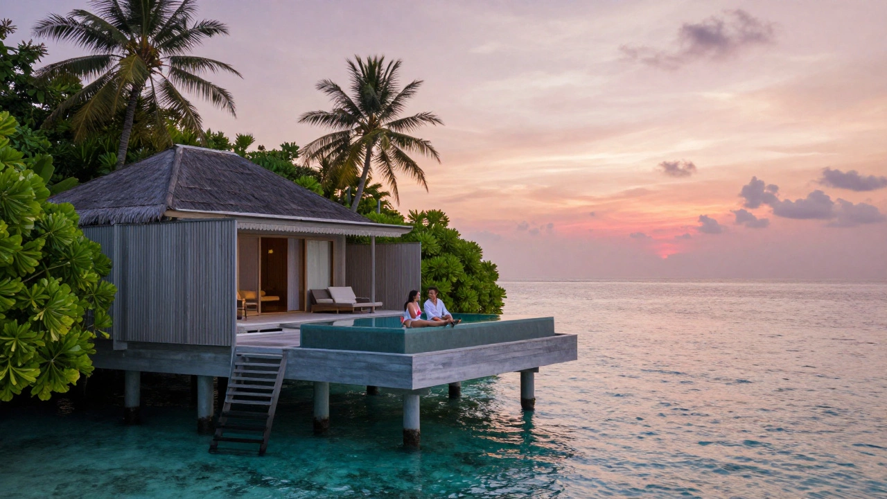 Mature couple relaxing in a private Maldives overwater villa pool