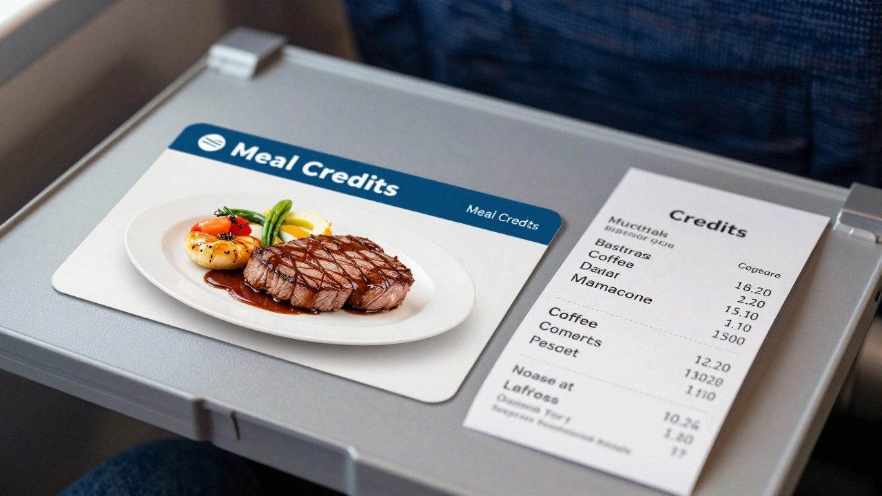 Plated steak meal on train table showing included credit vs extra costs.