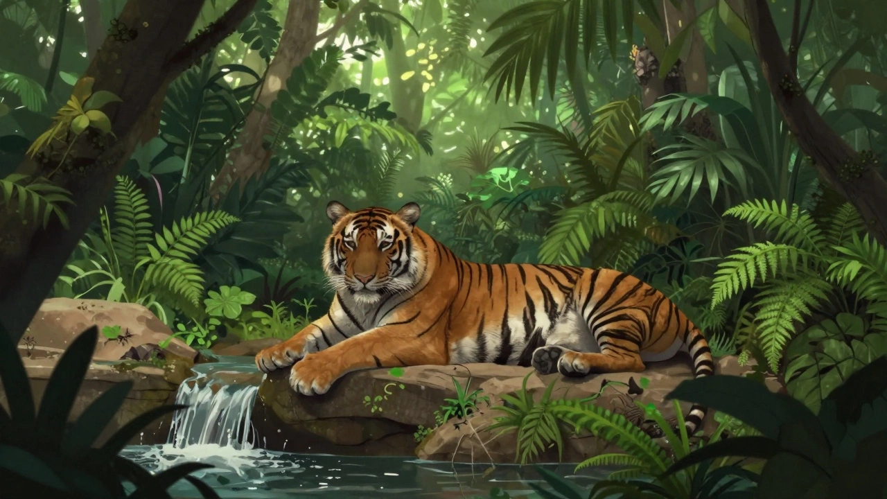 Rescued Bengal tiger resting calmly in a lush jungle enclosure