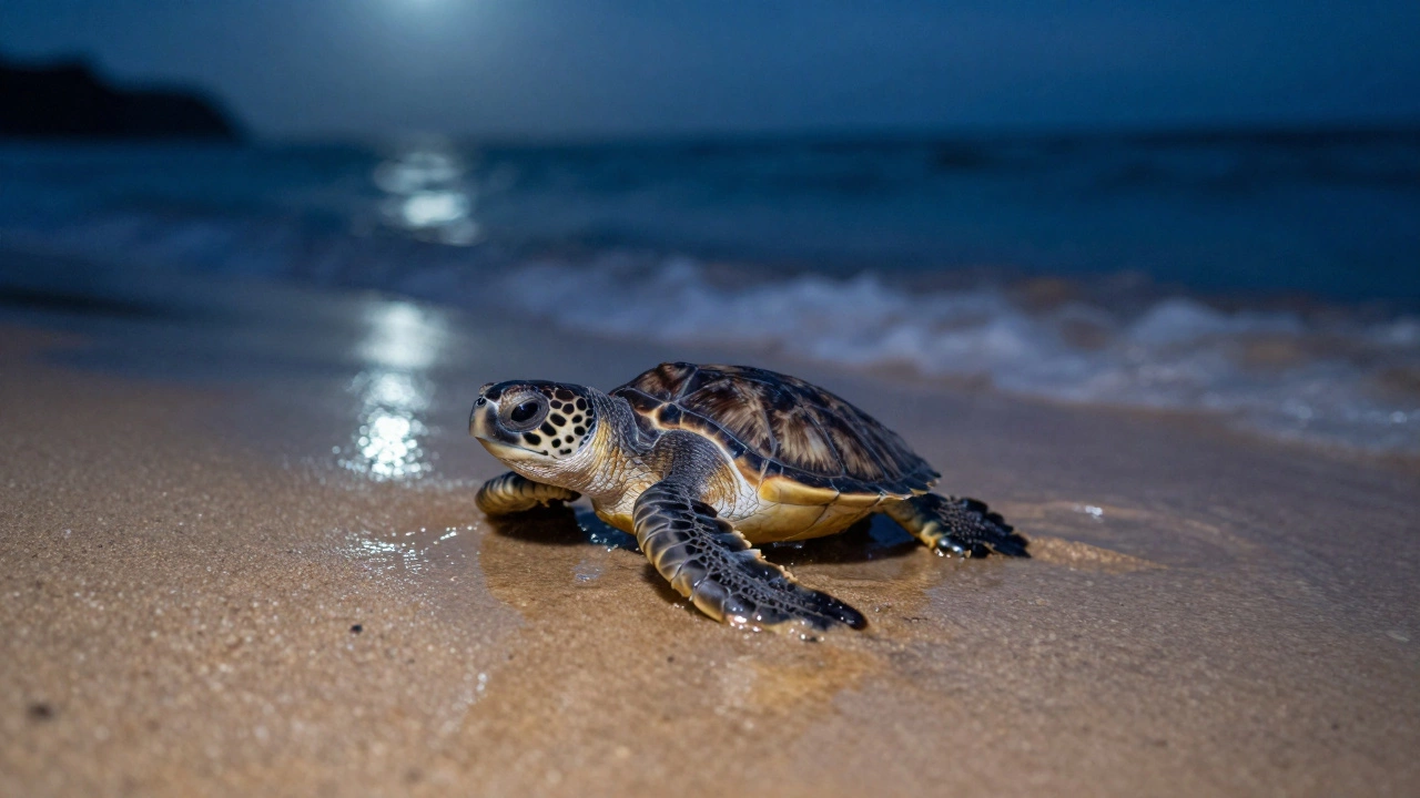 Sea turtle hatchling crawling towards the ocean at twilight