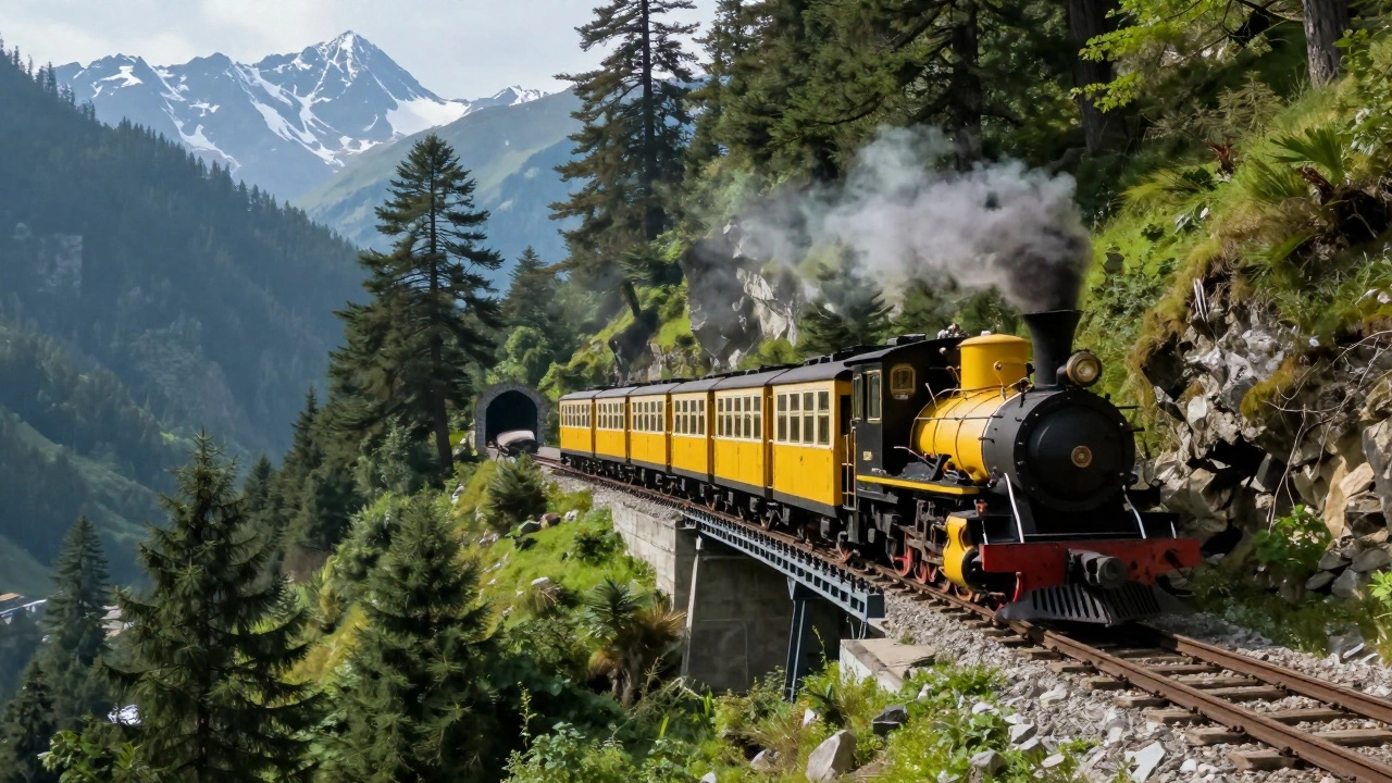 The yellow Toy Train crossing a bridge in the Shimla mountains