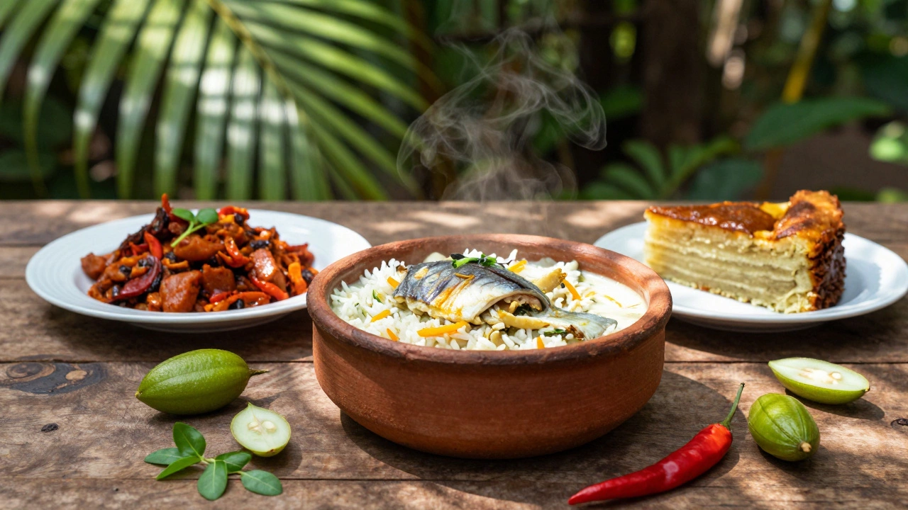 Traditional Goan fish curry, vindaloo, and bebinca on a table
