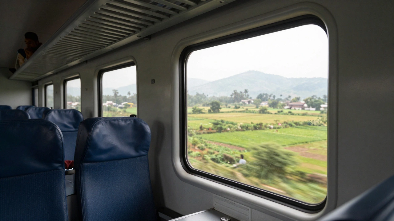 Traveler resting in an air-conditioned Indian railway sleeper car with countryside view.