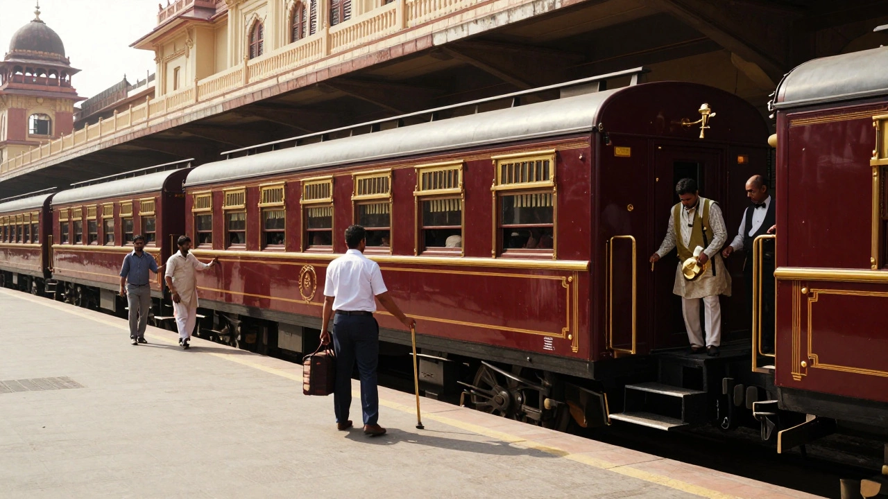Vintage luxury train carriage at a grand Indian railway station