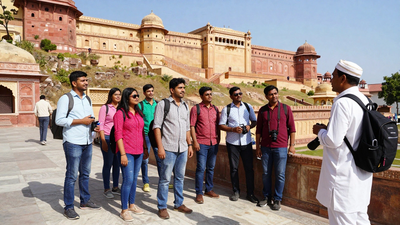 Western tourists visiting Amber Fort in Rajasthan under bright sunlight