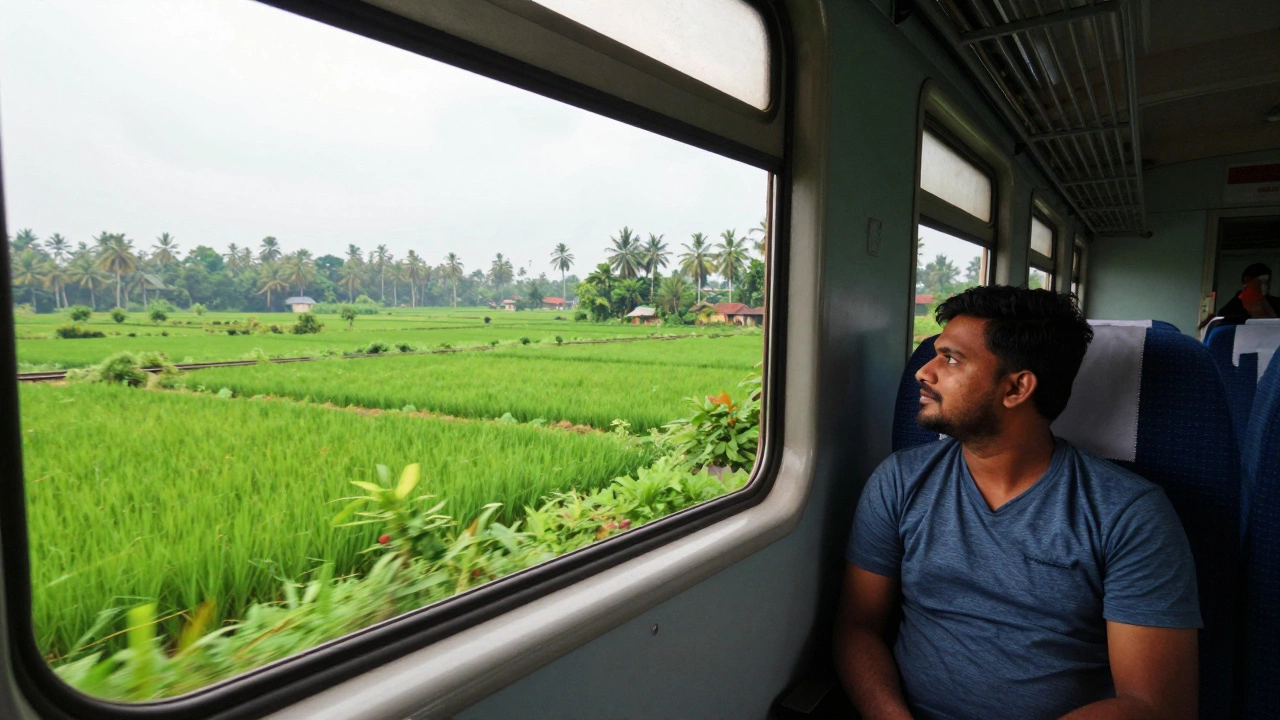 American traveler relaxing on an AC train through Kerala's green landscape.