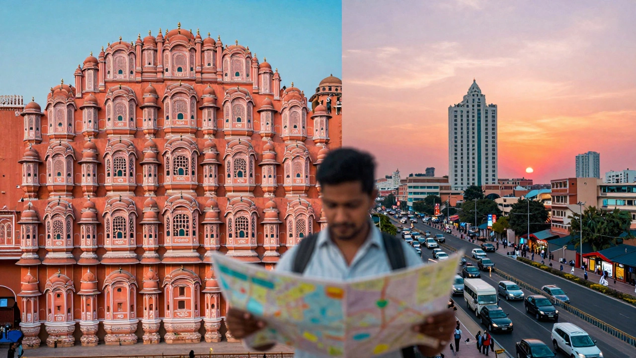 Architectural contrast of Jaipur and Mumbai landmarks
