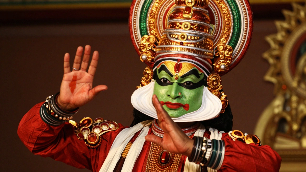 Close-up of a Kathakali dancer's expressive face and colorful costume during performance