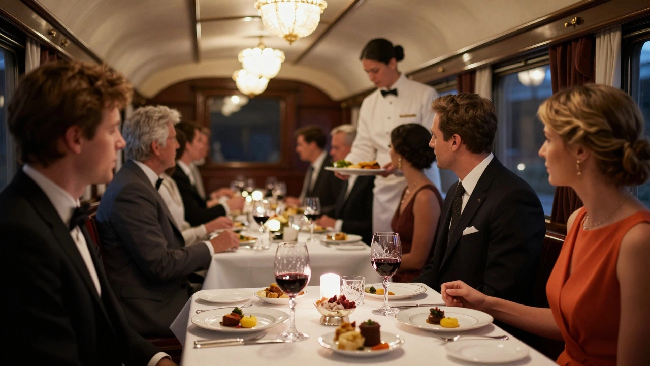 Formal dinner service in the elegant dining car of the Orient Express