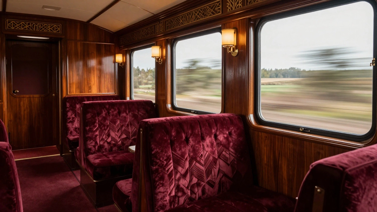 Luxurious interior of an Orient Express cabin with velvet seats and wood paneling