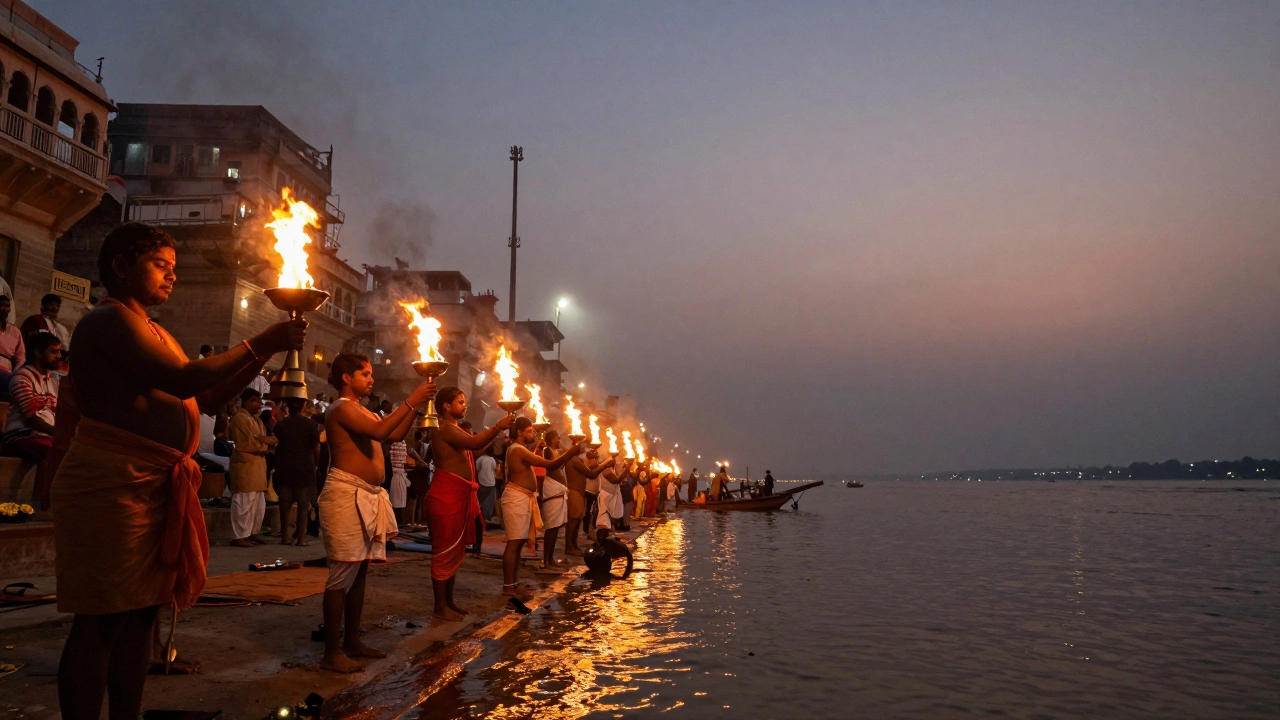 Priests performing Ganga Aarti ceremony in Varanasi