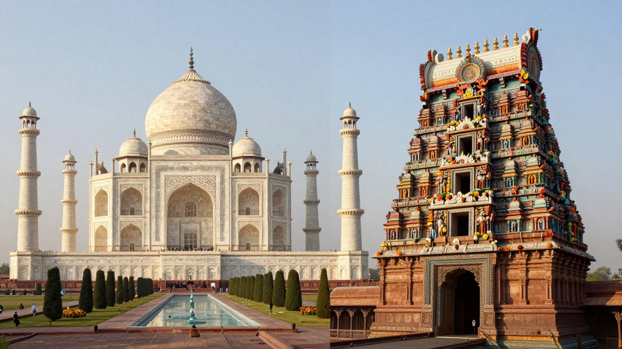 Taj Mahal and ornate Dravidian temple architecture comparison