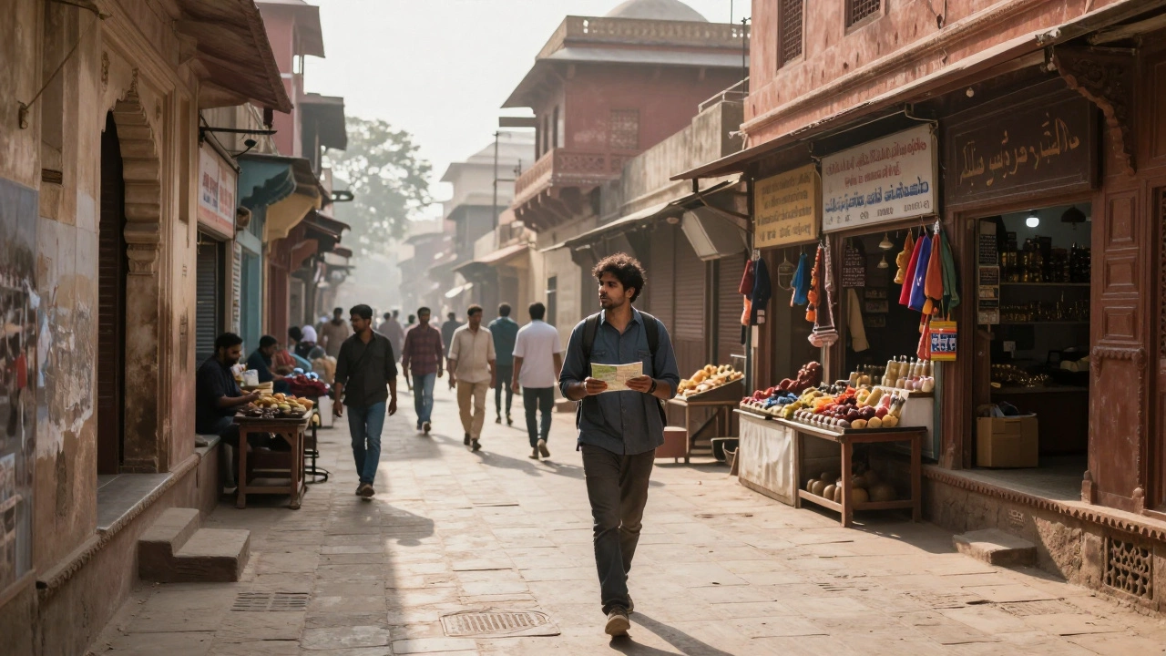 Traveler exploring quiet local alley in Jaipur for better prices